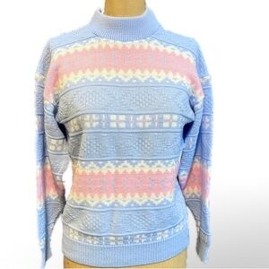 VINTAGE 80s pastel cottagecore sweet knit sweater mock neck country‎ hearts